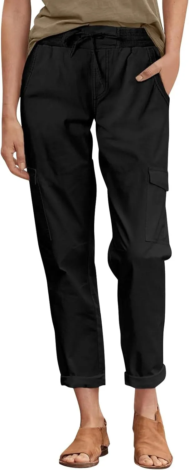 Womens Cargo Pants Casual Loose Hiking Pants Drawstring High Waisted Cropped Pants Trendy Cargo Joggers with Pockets