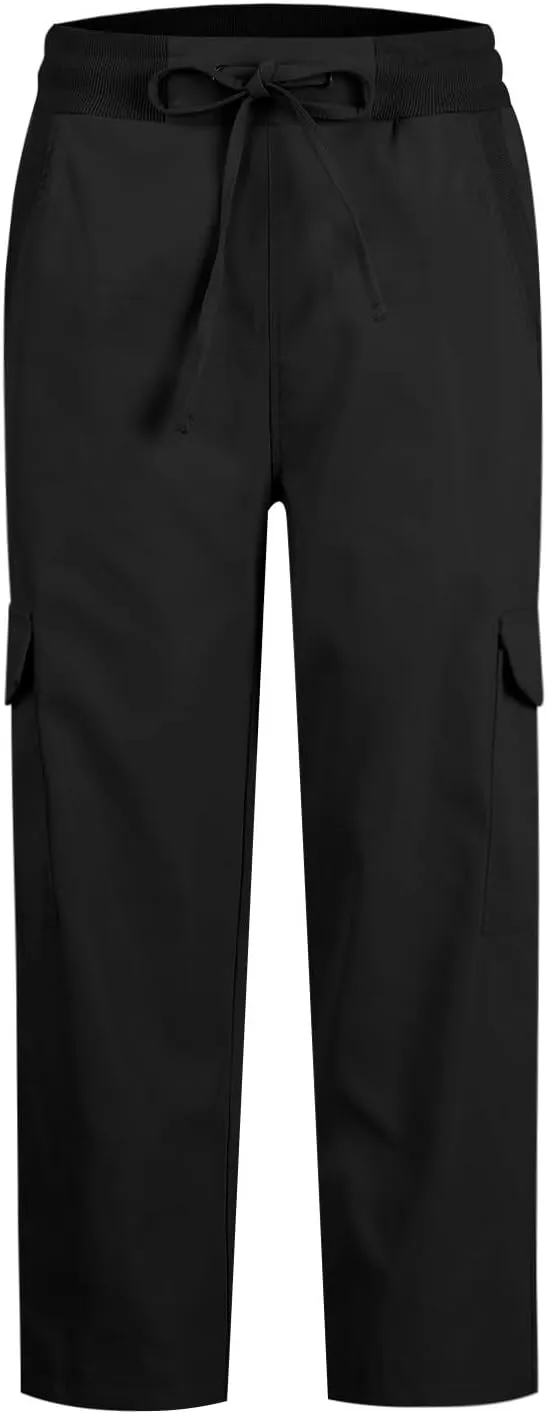 Womens Cargo Pants Casual Loose Hiking Pants Drawstring High Waisted Cropped Pants Trendy Cargo Joggers with Pockets