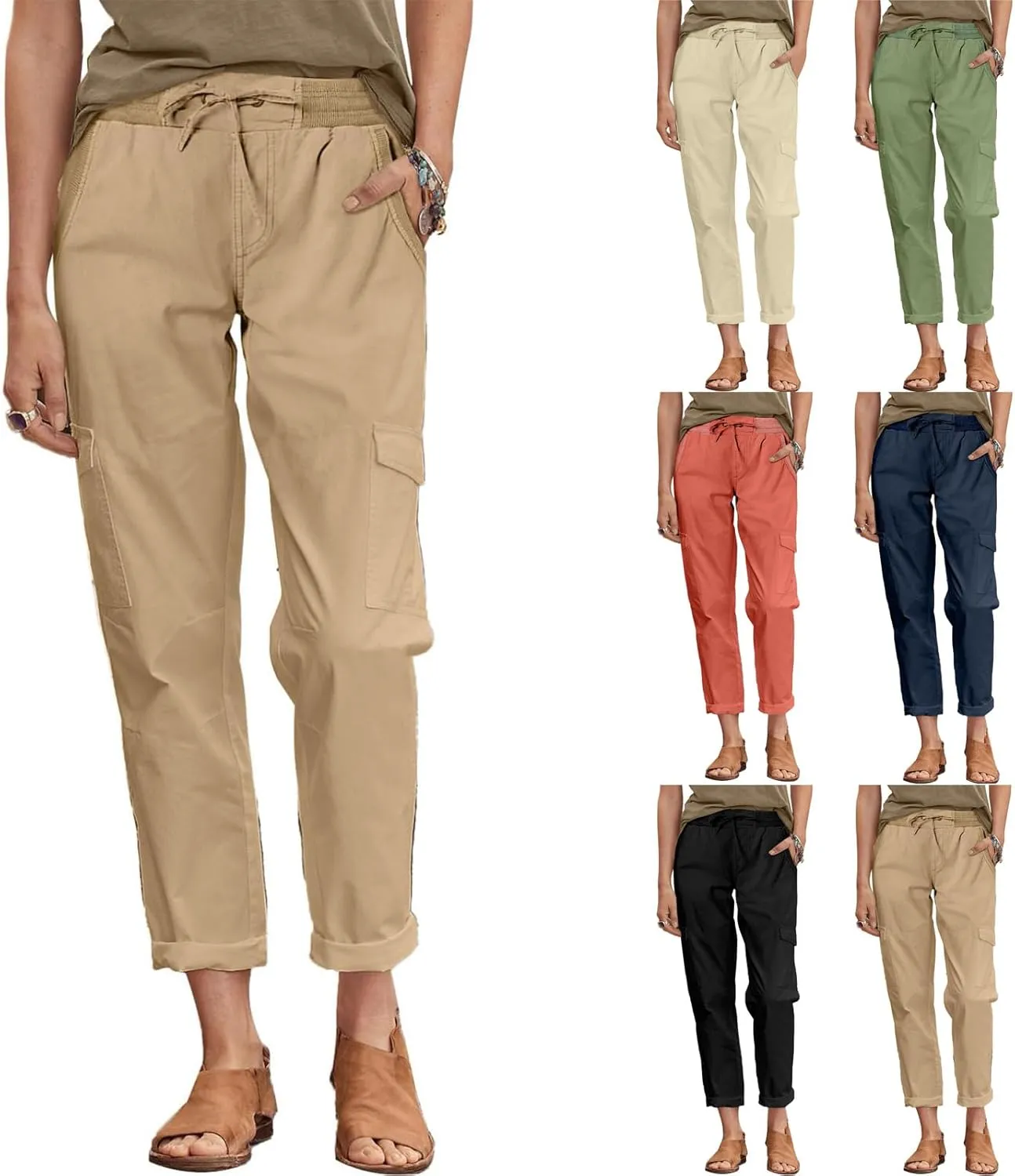 Womens Cargo Pants Casual Loose Hiking Pants Drawstring High Waisted Cropped Pants Trendy Cargo Joggers with Pockets