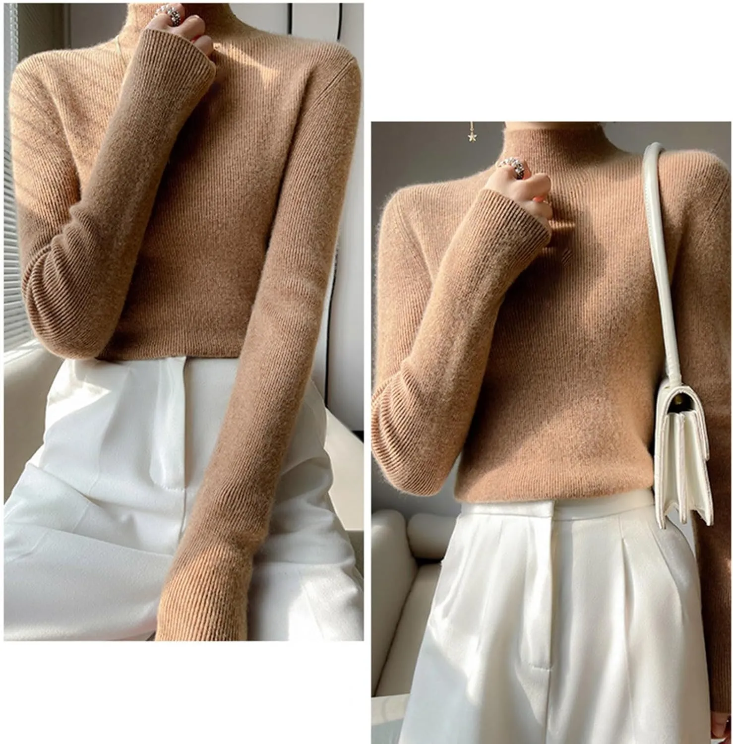 Womens Cashmere Sweater Turtleneck Solid Long Sleeve Cute Warm Soft Y2k Sweaters 2025 Spring Winter Knit Pullover Tops