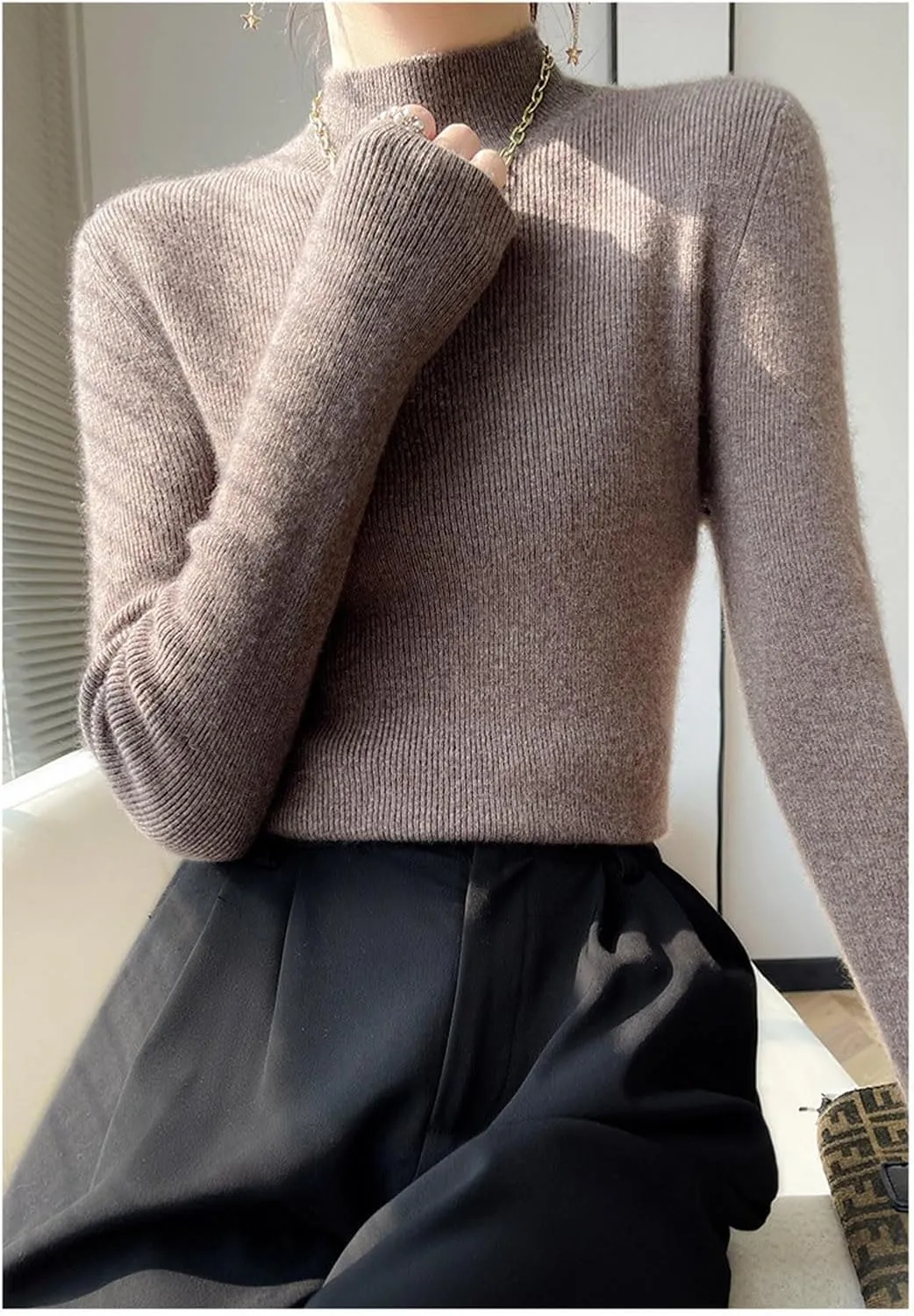 Womens Cashmere Sweater Turtleneck Solid Long Sleeve Cute Warm Soft Y2k Sweaters 2025 Spring Winter Knit Pullover Tops
