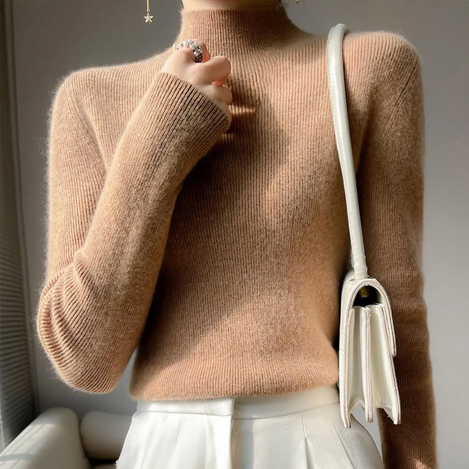 Womens Cashmere Sweater Turtleneck Solid Long Sleeve Cute Warm Soft Y2k Sweaters 2025 Spring Winter Knit Pullover Tops