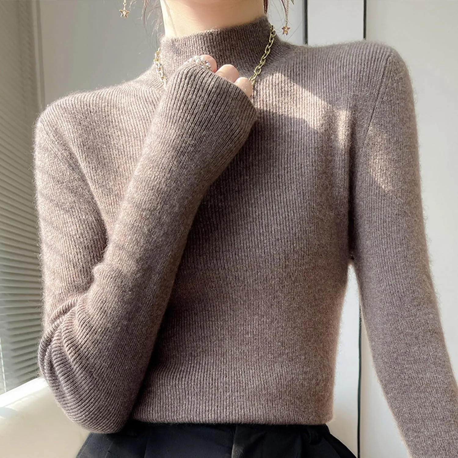 Womens Cashmere Sweater Turtleneck Solid Long Sleeve Cute Warm Soft Y2k Sweaters 2025 Spring Winter Knit Pullover Tops