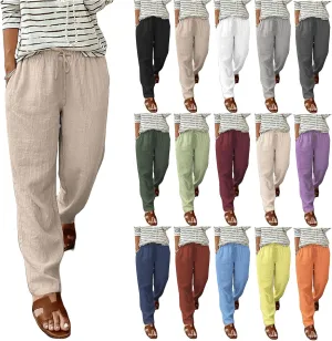 Womens Casual Cotton Linen Pants Lightweight Elastic Waist Straight Leg Pants Drawstring Trousers with Pockets
