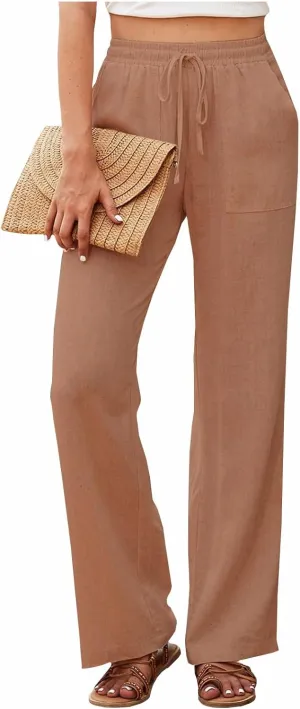 Women's Casual High Waist Linen Pants Drawstring Smocked Waist Beach Wide Leg Lounge Palazzo Trousers with Pockets