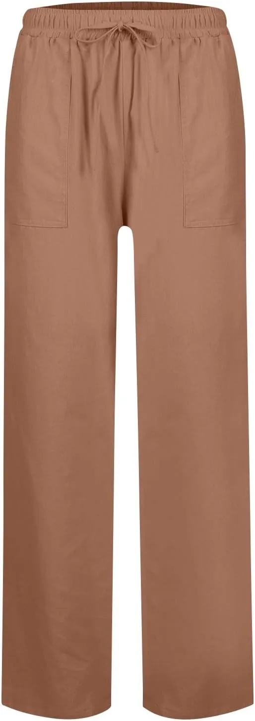 Women's Casual High Waist Linen Pants Drawstring Smocked Waist Beach Wide Leg Lounge Palazzo Trousers with Pockets