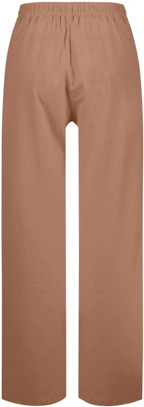Women's Casual High Waist Linen Pants Drawstring Smocked Waist Beach Wide Leg Lounge Palazzo Trousers with Pockets