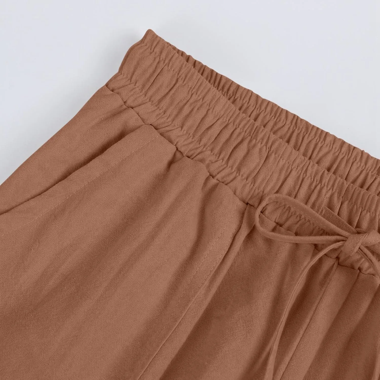 Women's Casual High Waist Linen Pants Drawstring Smocked Waist Beach Wide Leg Lounge Palazzo Trousers with Pockets