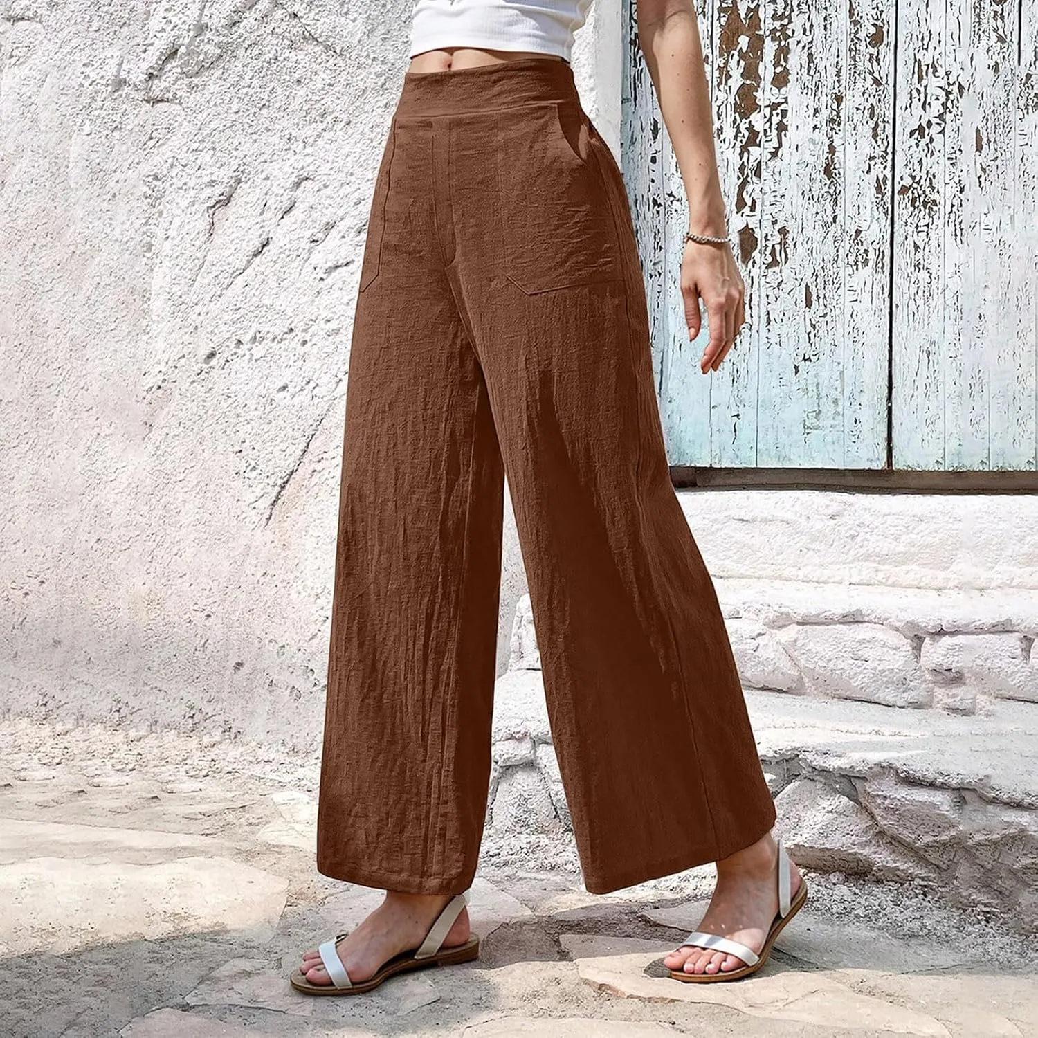 Womens Casual High Waisted Linen Pants Palazzo Lounge Beach Pants Travel Vacation Wide Leg Trousers with Pockets