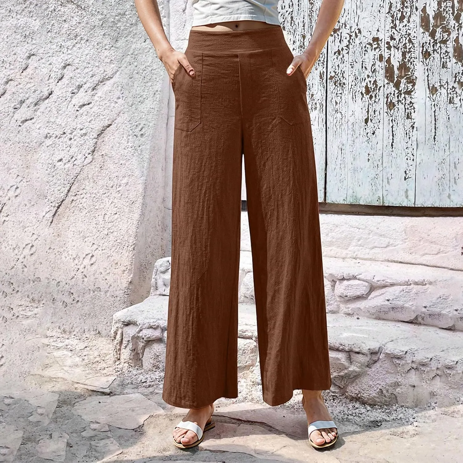 Womens Casual High Waisted Linen Pants Palazzo Lounge Beach Pants Travel Vacation Wide Leg Trousers with Pockets