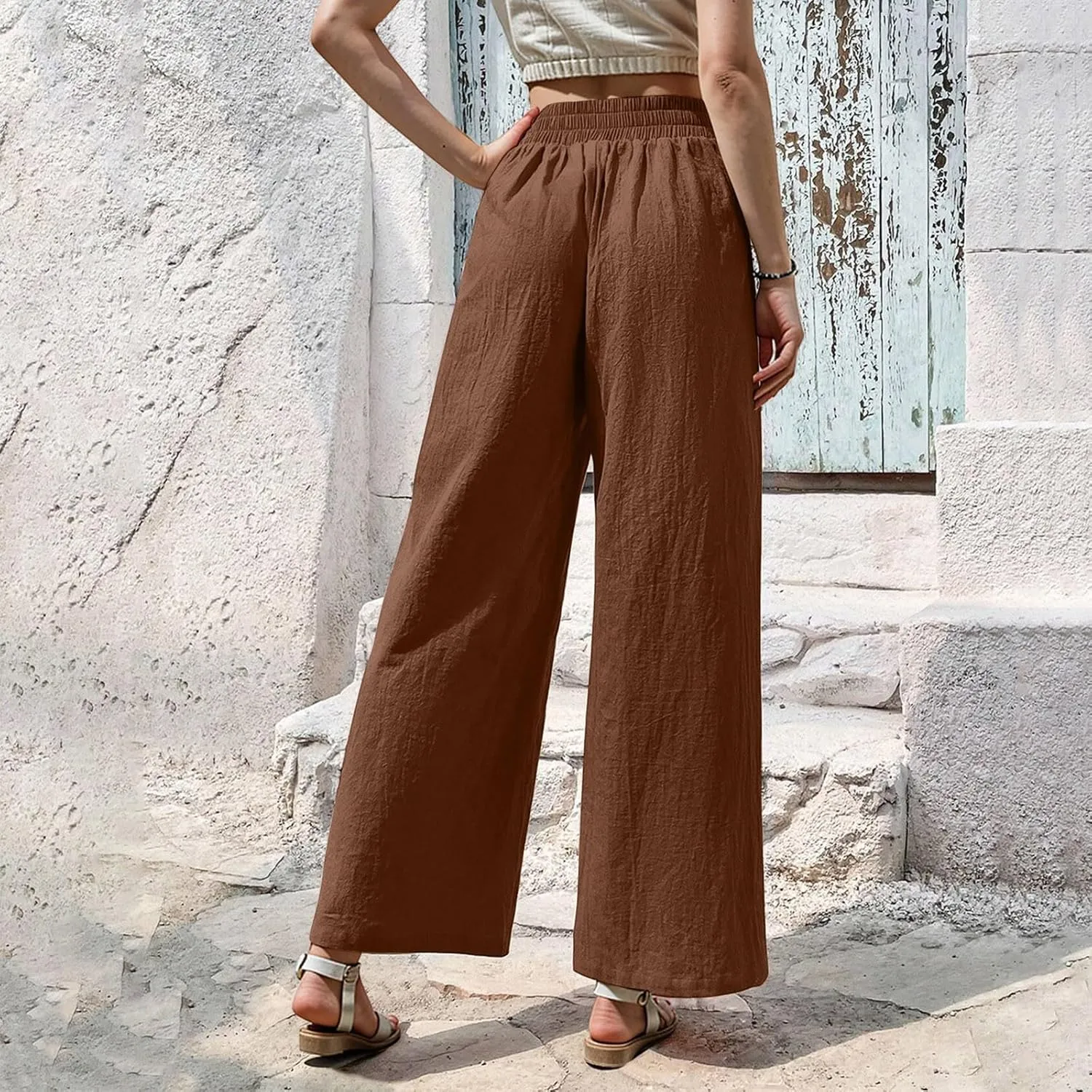 Womens Casual High Waisted Linen Pants Palazzo Lounge Beach Pants Travel Vacation Wide Leg Trousers with Pockets