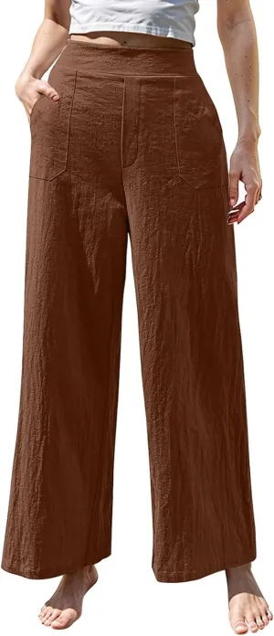 Womens Casual High Waisted Linen Pants Palazzo Lounge Beach Pants Travel Vacation Wide Leg Trousers with Pockets