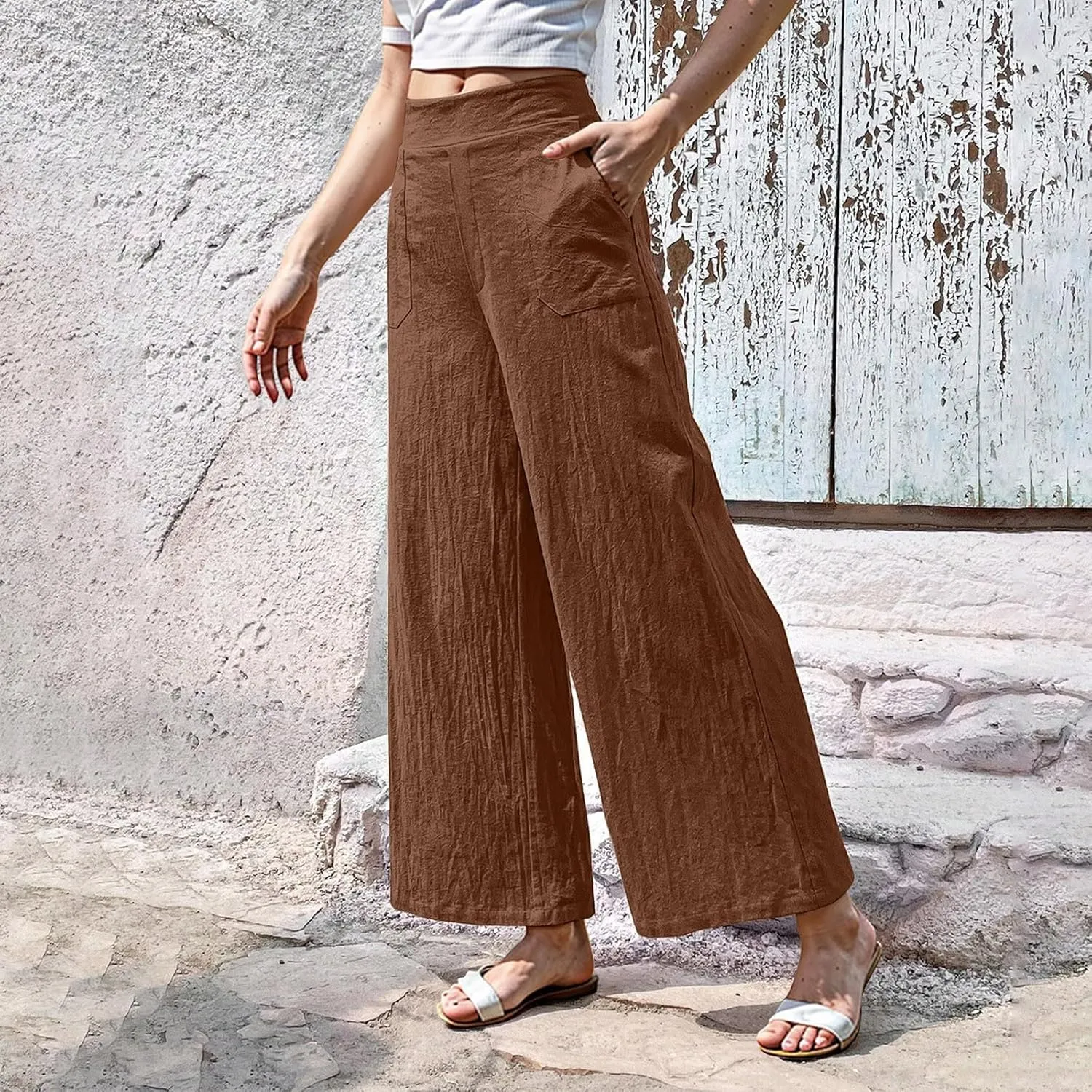 Womens Casual High Waisted Linen Pants Palazzo Lounge Beach Pants Travel Vacation Wide Leg Trousers with Pockets