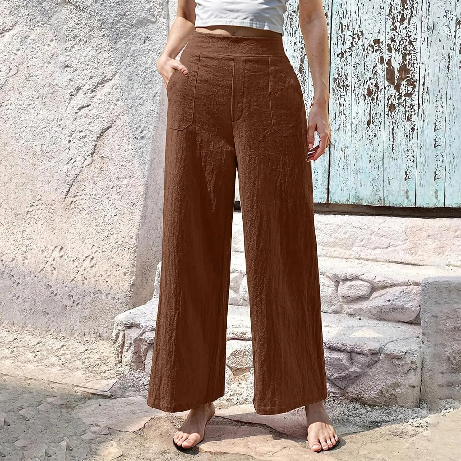 Womens Casual High Waisted Linen Pants Palazzo Lounge Beach Pants Travel Vacation Wide Leg Trousers with Pockets