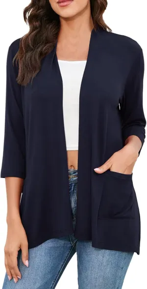 Womens Casual Lightweight Cardigan with Pockets 3 4 Sleeve Front Open Dust Duster Short Sleeve Cardigan Women