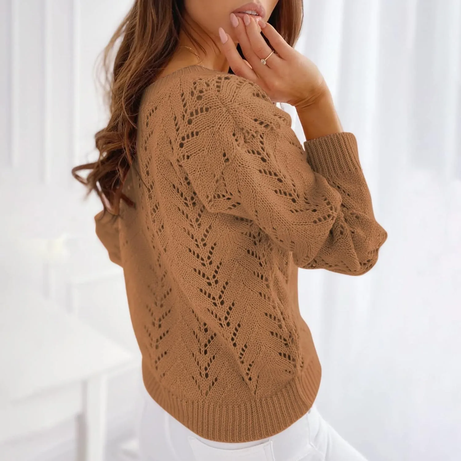 Women's Casual Trendy Solid Color V-Neck Cable Knit Hollow Out Sexy Sweater, S-3XL