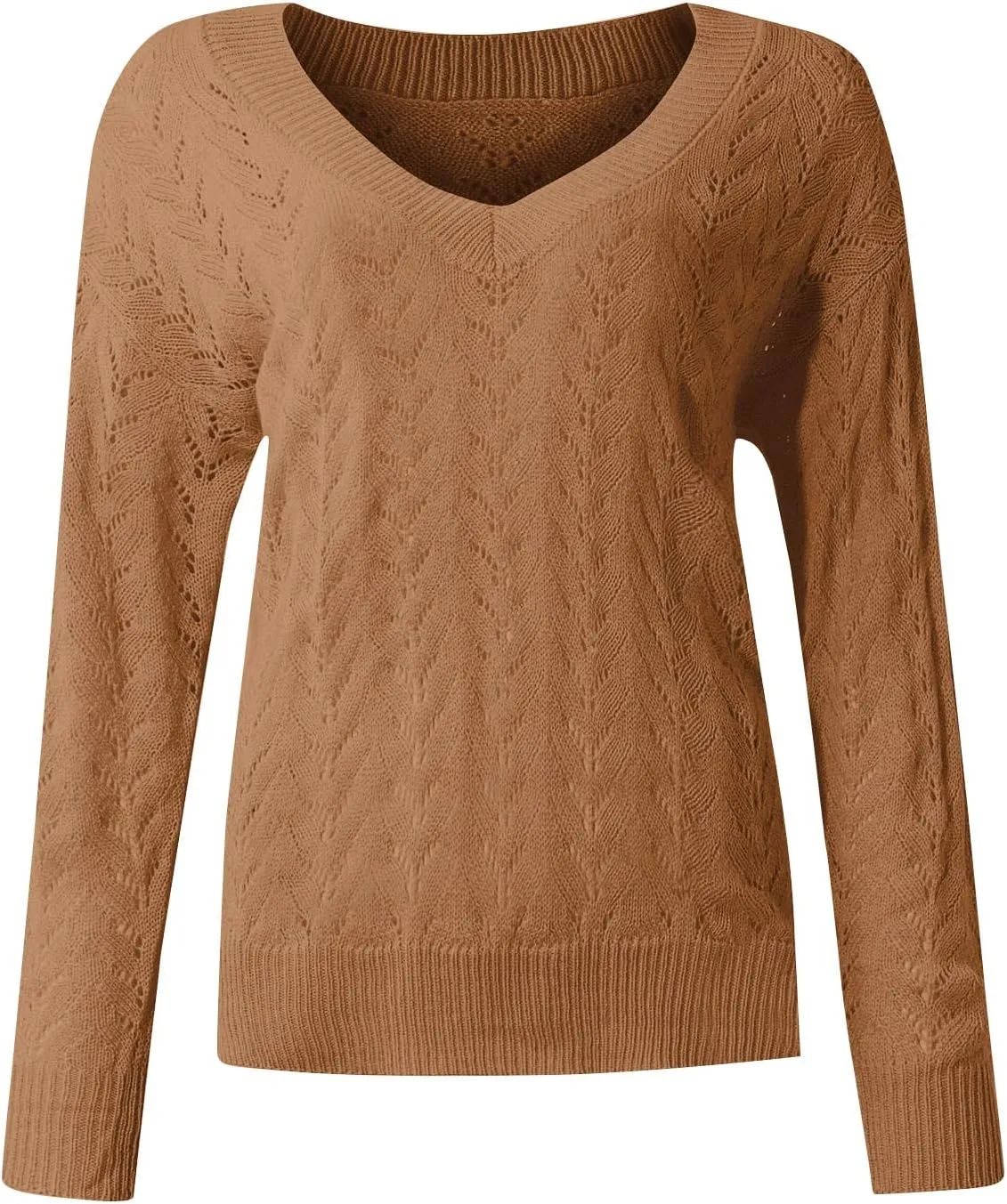 Women's Casual Trendy Solid Color V-Neck Cable Knit Hollow Out Sexy Sweater, S-3XL