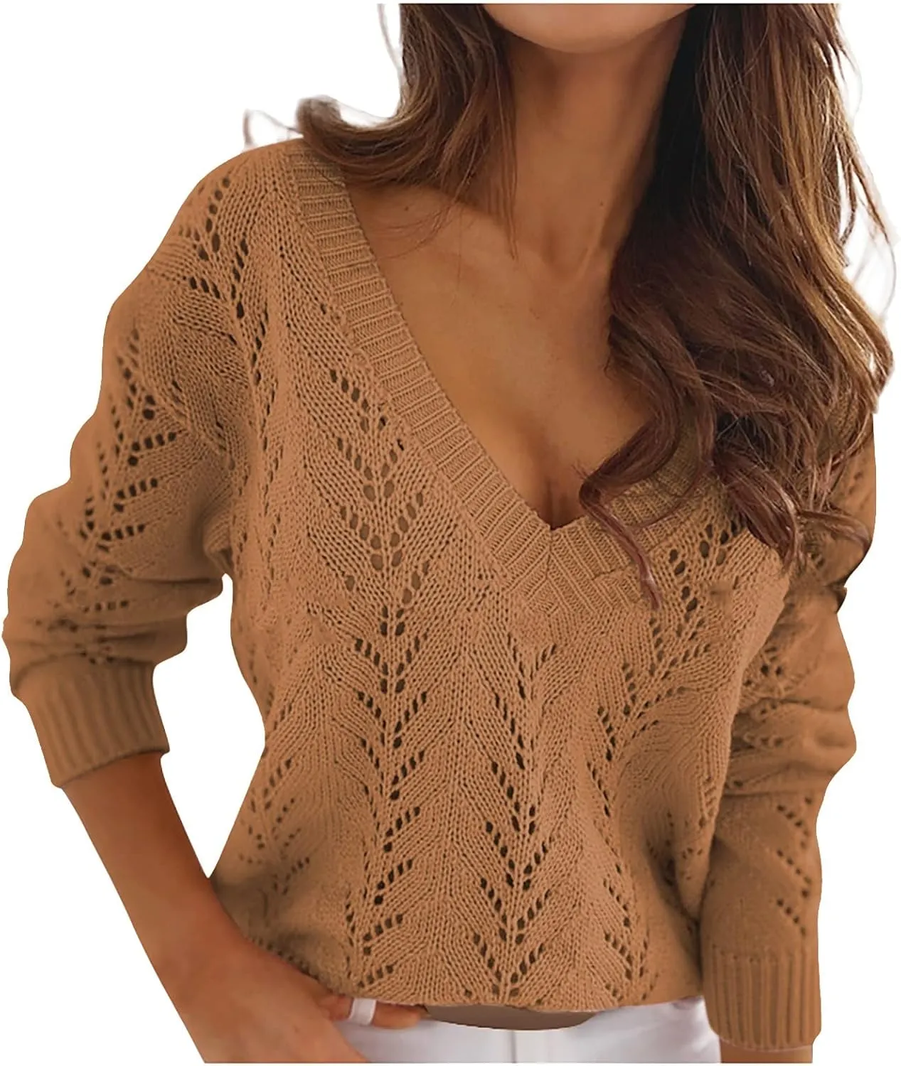 Women's Casual Trendy Solid Color V-Neck Cable Knit Hollow Out Sexy Sweater, S-3XL