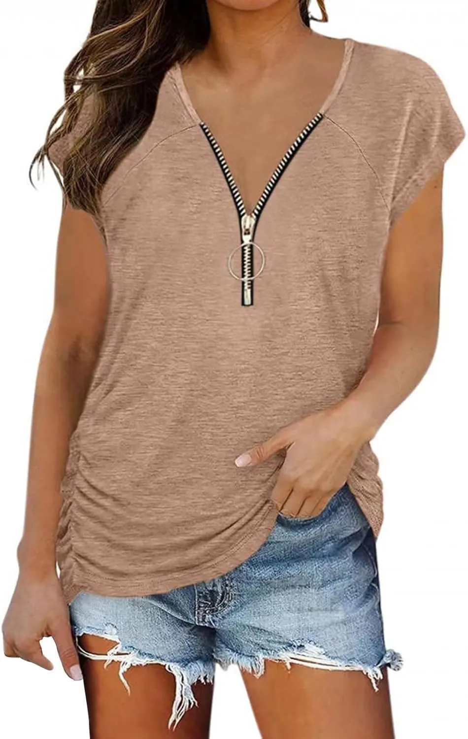 Women's Casual Zipper V Neck Short Sleeve Tunic Tops Loose Fitting T Shirts Blouse Basic Tops for Women Casual Summer