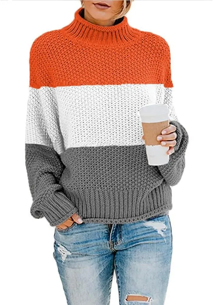 Womens Color Block Sweater Long Sleeve Knitted Sweater Turtleneck Sweater Casual Trendy Sweater Loose Fitting Sweater