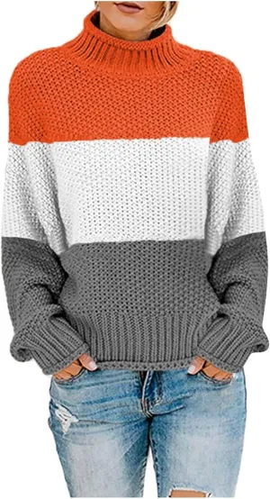 Womens Color Block Sweater Long Sleeve Knitted Sweater Turtleneck Sweater Casual Trendy Sweater Loose Fitting Sweater