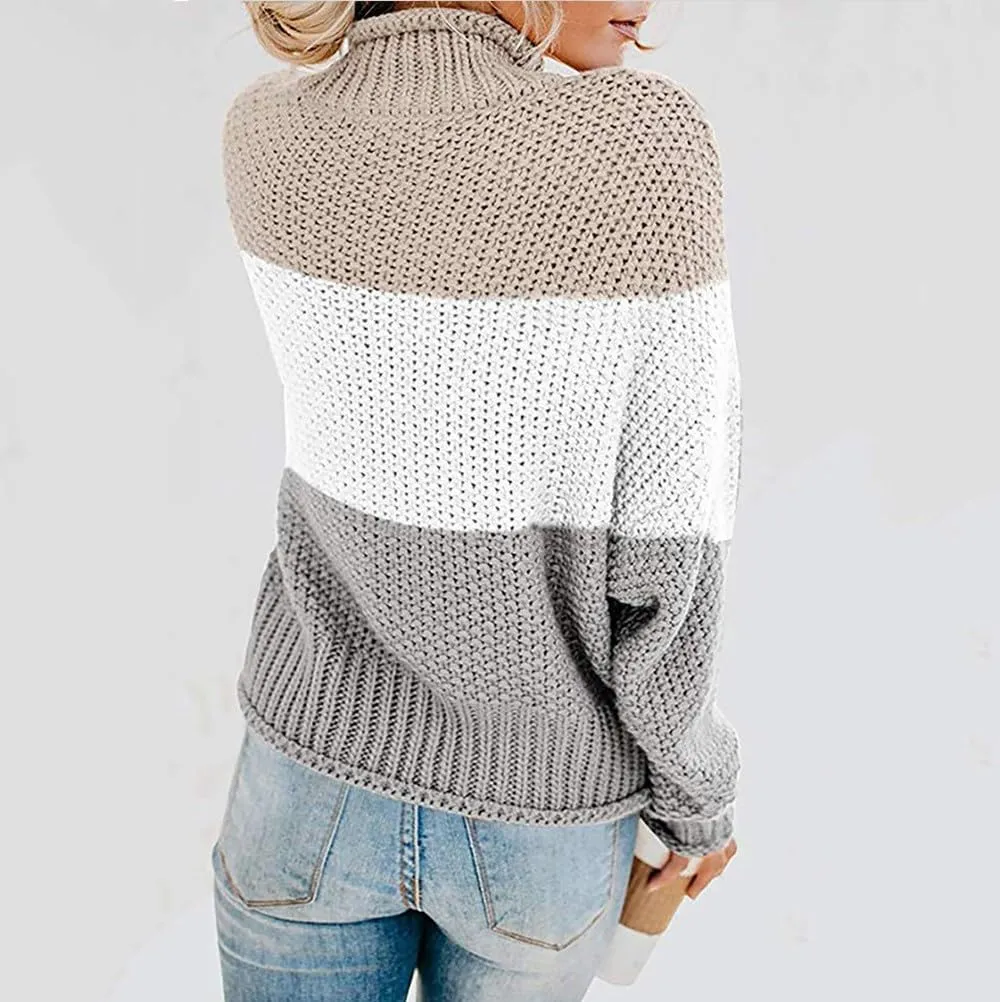 Womens Color Block Sweater Long Sleeve Knitted Sweater Turtleneck Sweater Casual Trendy Sweater Loose Fitting Sweater