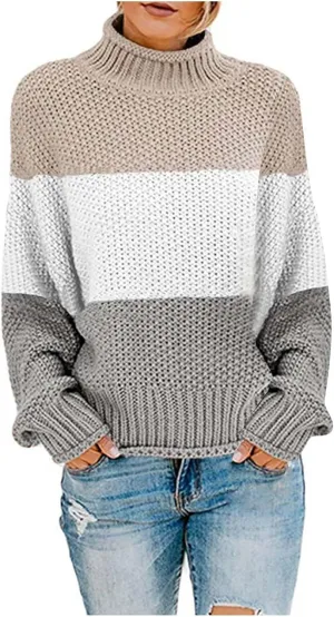 Womens Color Block Sweater Long Sleeve Knitted Sweater Turtleneck Sweater Casual Trendy Sweater Loose Fitting Sweater