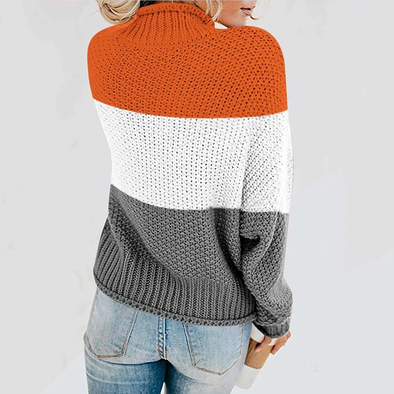 Womens Color Block Sweater Long Sleeve Knitted Sweater Turtleneck Sweater Casual Trendy Sweater Loose Fitting Sweater