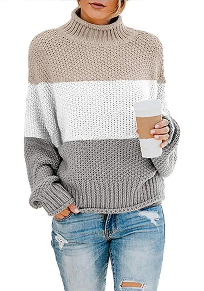 Womens Color Block Sweater Long Sleeve Knitted Sweater Turtleneck Sweater Casual Trendy Sweater Loose Fitting Sweater