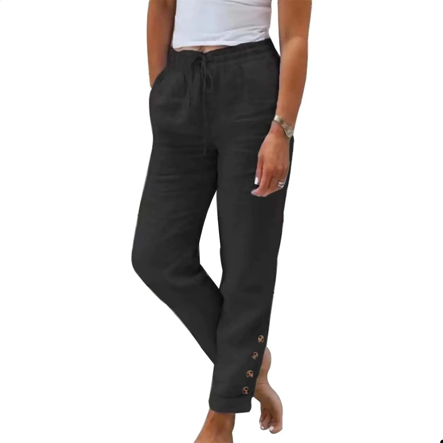 Womens Cotton Linen Casual Pants Straight Leg High Waist Elastic Drawstring Loose Comfy Palazzo Trousers with Pockets