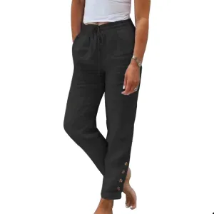 Womens Cotton Linen Casual Pants Straight Leg High Waist Elastic Drawstring Loose Comfy Palazzo Trousers with Pockets