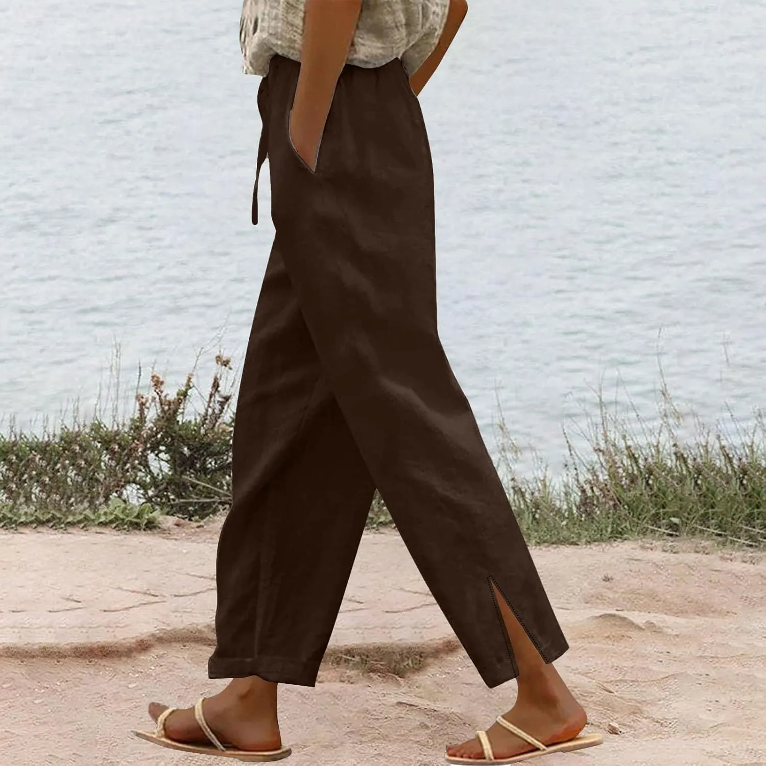 Womens Cotton Linen Pants with Pockets 2025 Summer Trendy Plus Size Casual Petite Length Comfy Wide Leg Pants