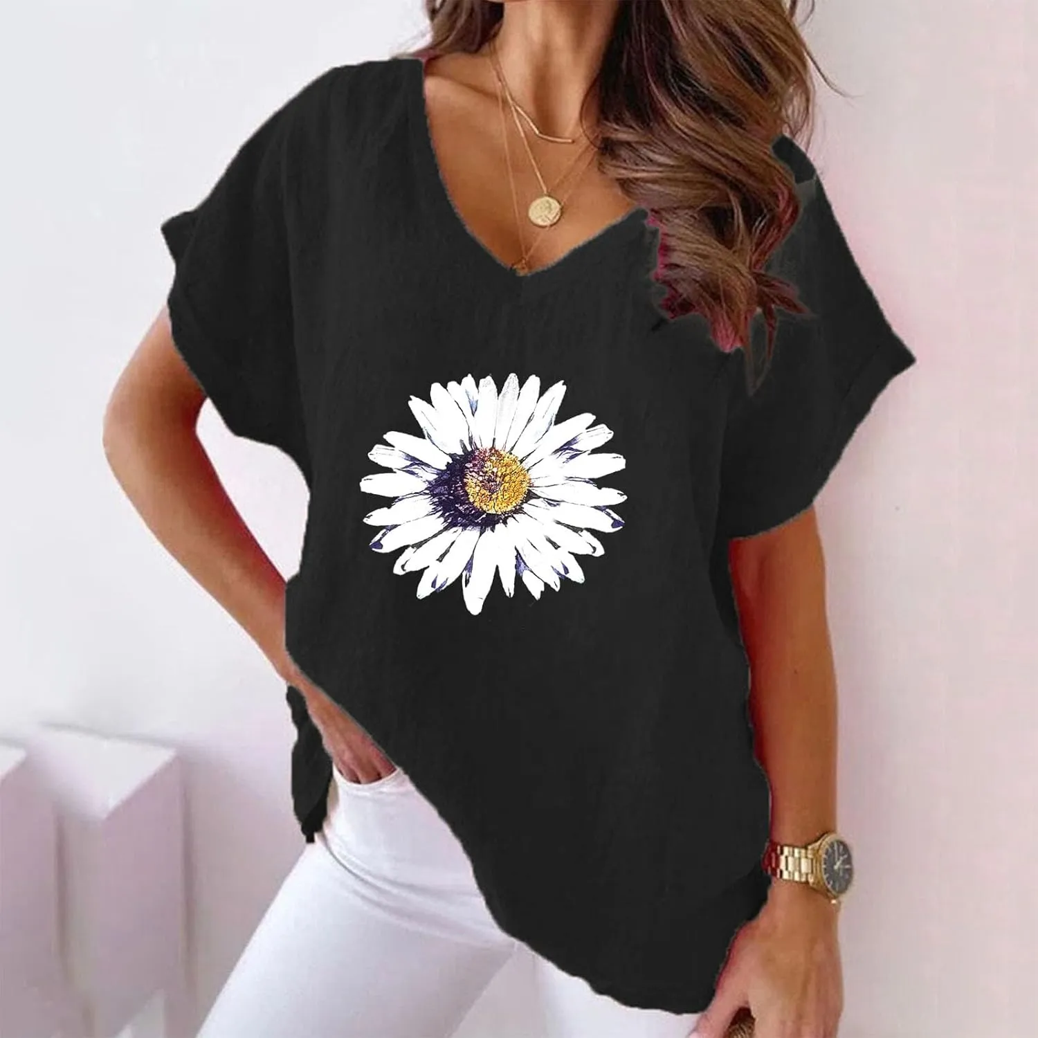 Womens Cotton Linen T Shirts Fashion V Neck Floral Tops Summer Short Sleeve Loose Shirt Beach Vacation Clothes 2025