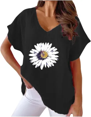 Womens Cotton Linen T Shirts Fashion V Neck Floral Tops Summer Short Sleeve Loose Shirt Beach Vacation Clothes 2025