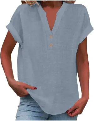 Womens Cotton Linen Tops Button V-Neck Tunic Shirts 2025 Summer Fashion Outfit Dressy Casual Short Sleeve Blouses