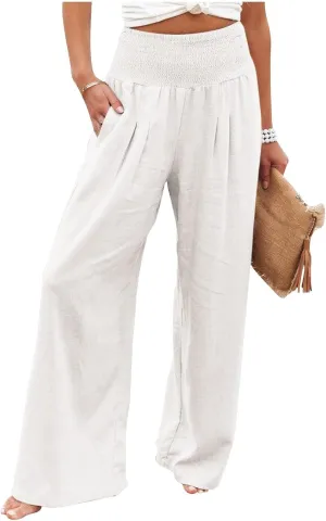 Women's Cotton Linen Wide Leg Pants Summer Smocked High Waisted Palazzo Trousers with Pockets Beach Cover Up