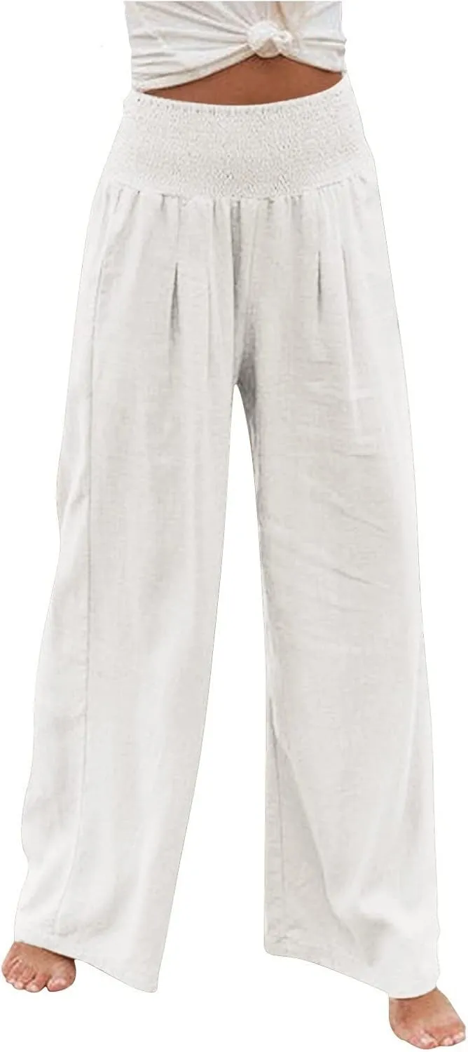 Women's Cotton Linen Wide Leg Pants Summer Smocked High Waisted Palazzo Trousers with Pockets Beach Cover Up