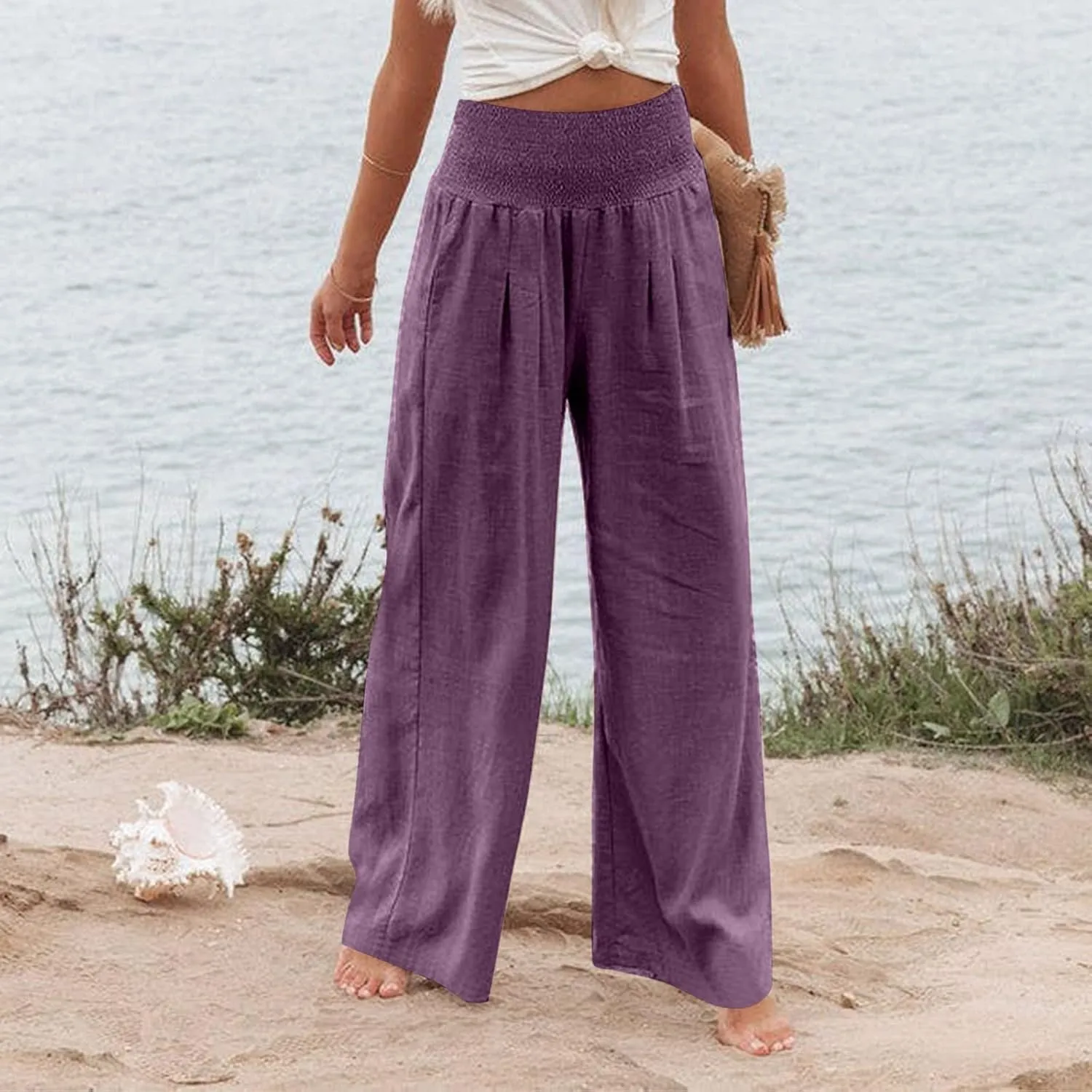 Women's Cotton Linen Wide Leg Pants Summer Smocked High Waisted Palazzo Trousers with Pockets Beach Cover Up