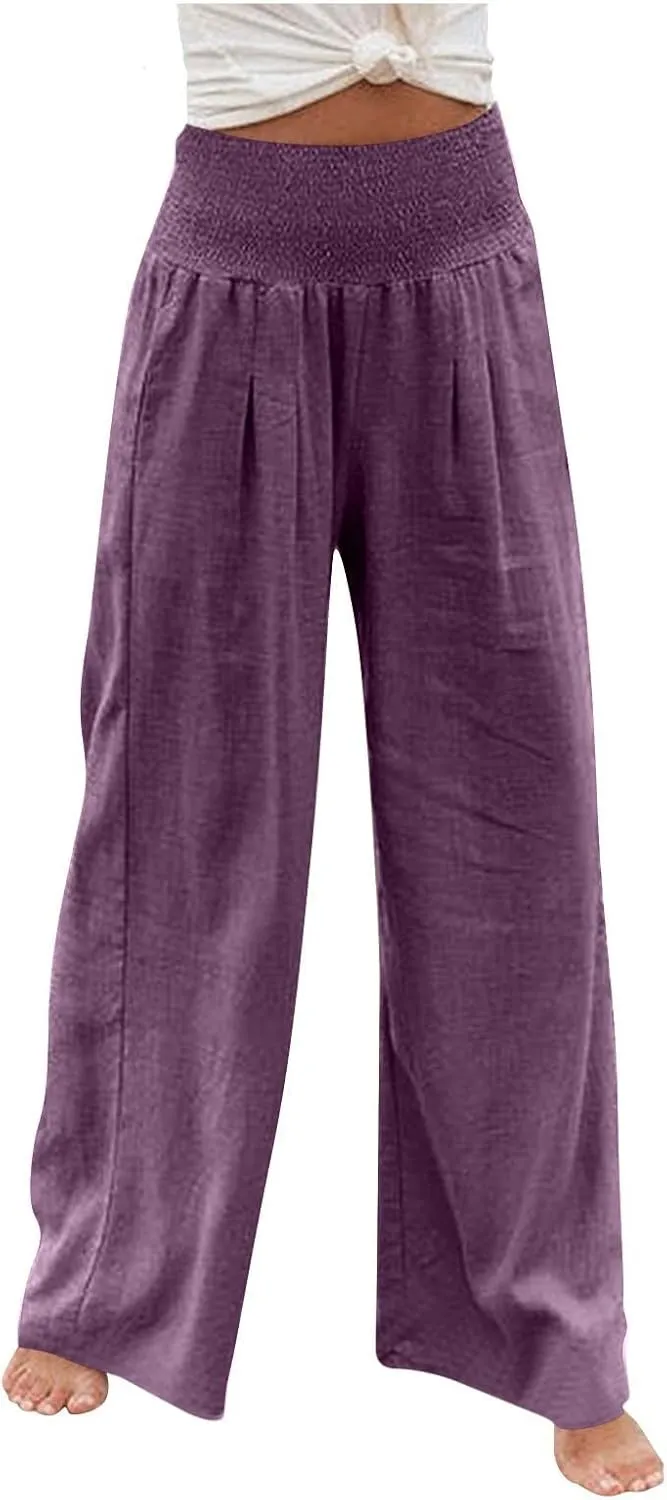 Women's Cotton Linen Wide Leg Pants Summer Smocked High Waisted Palazzo Trousers with Pockets Beach Cover Up