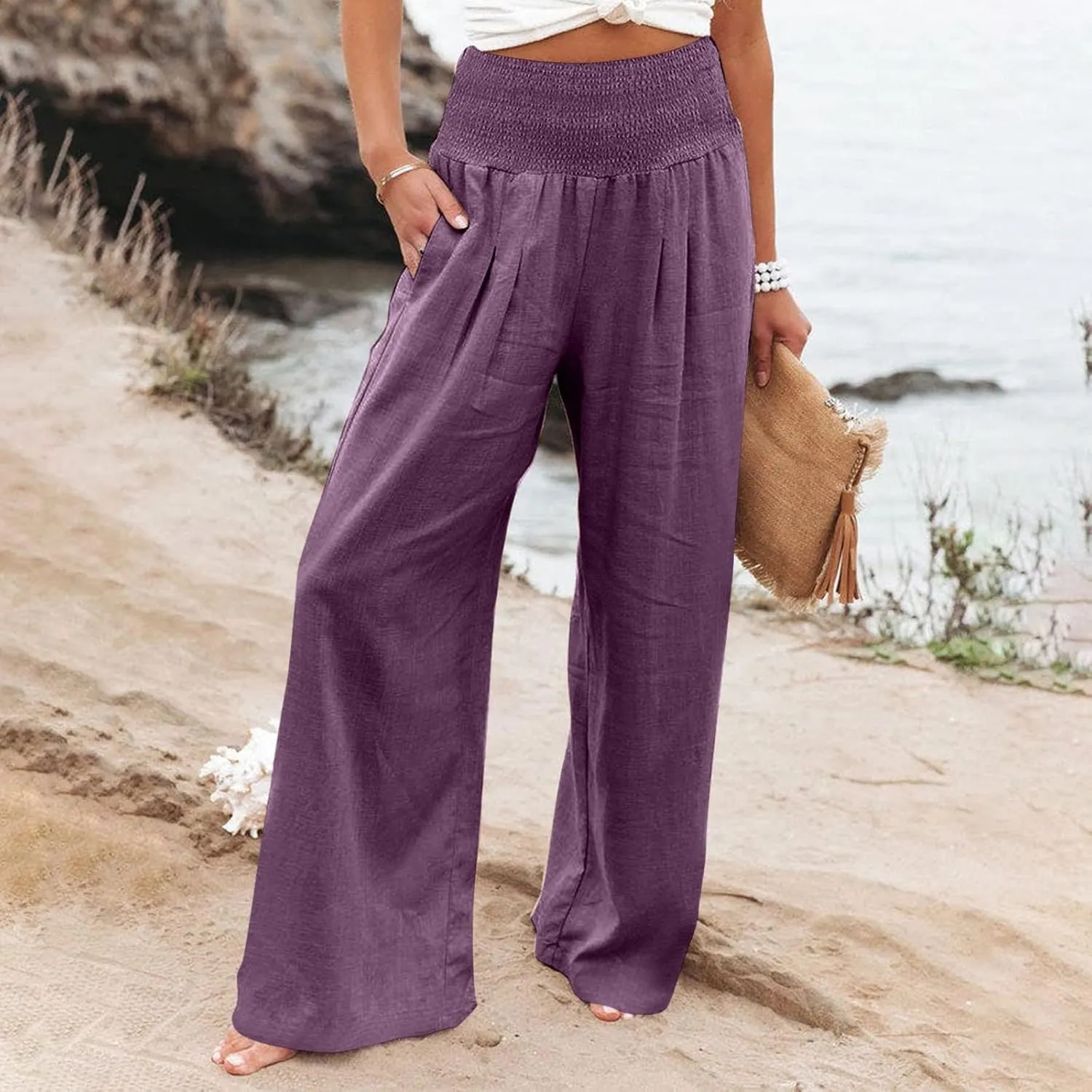 Women's Cotton Linen Wide Leg Pants Summer Smocked High Waisted Palazzo Trousers with Pockets Beach Cover Up