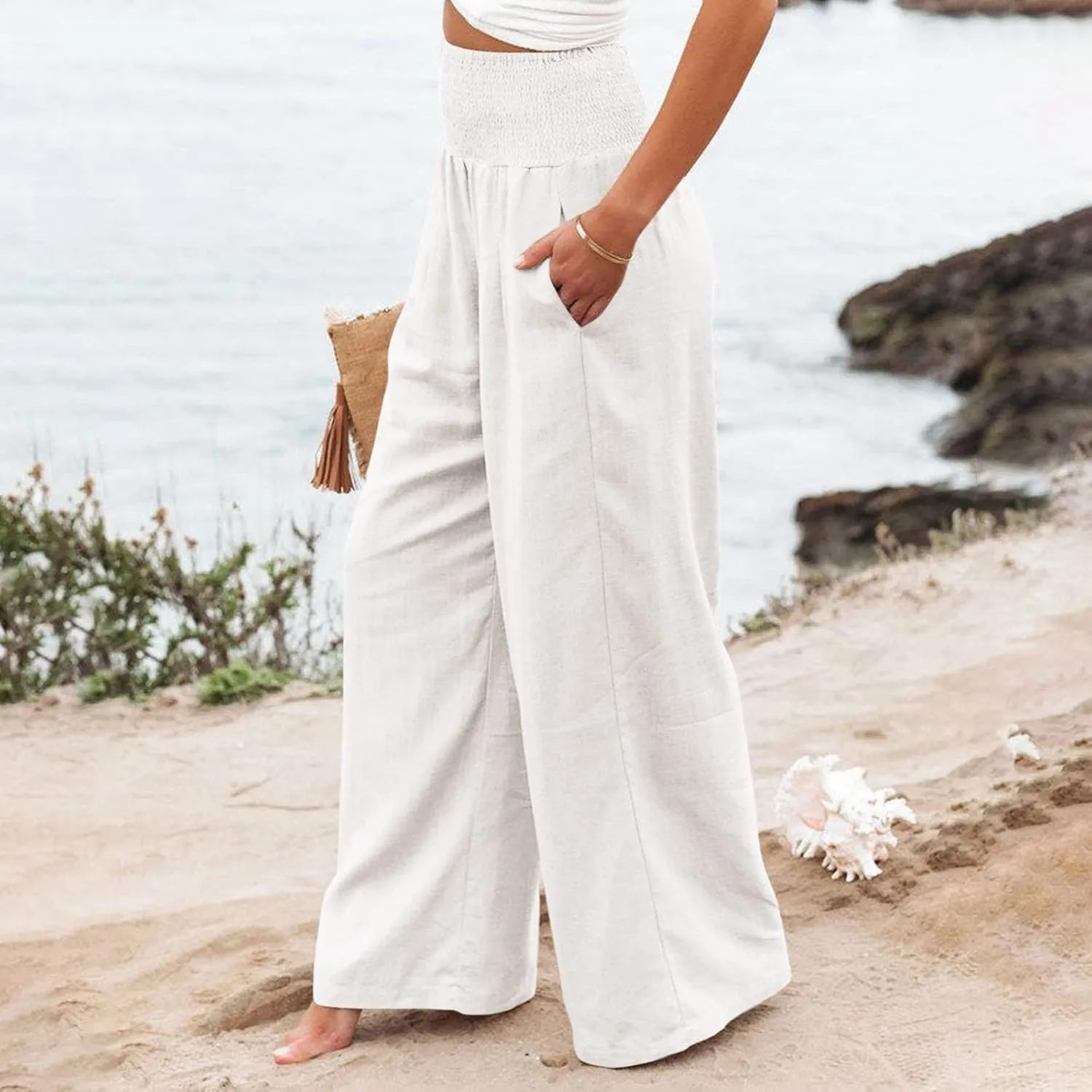 Women's Cotton Linen Wide Leg Pants Summer Smocked High Waisted Palazzo Trousers with Pockets Beach Cover Up