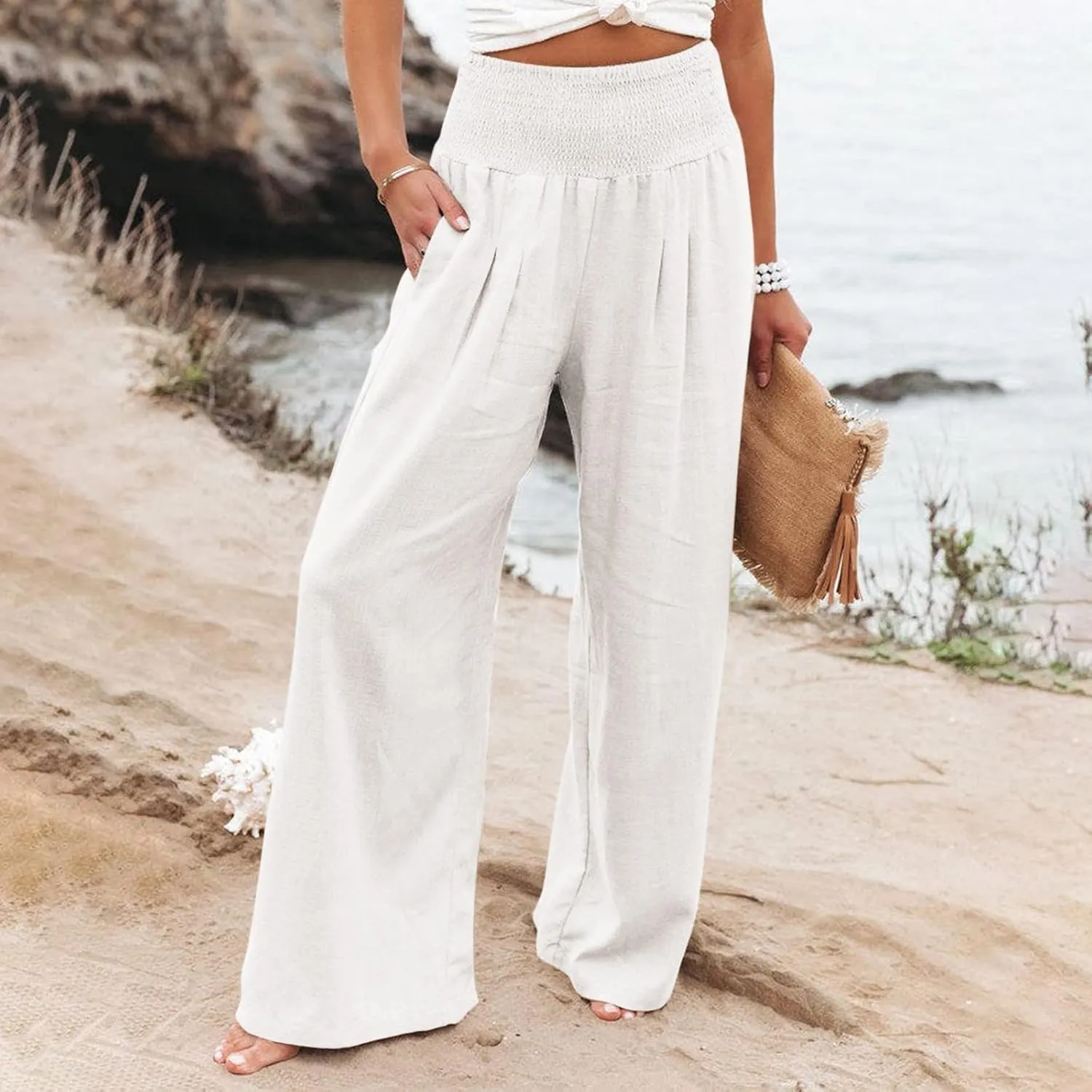 Women's Cotton Linen Wide Leg Pants Summer Smocked High Waisted Palazzo Trousers with Pockets Beach Cover Up