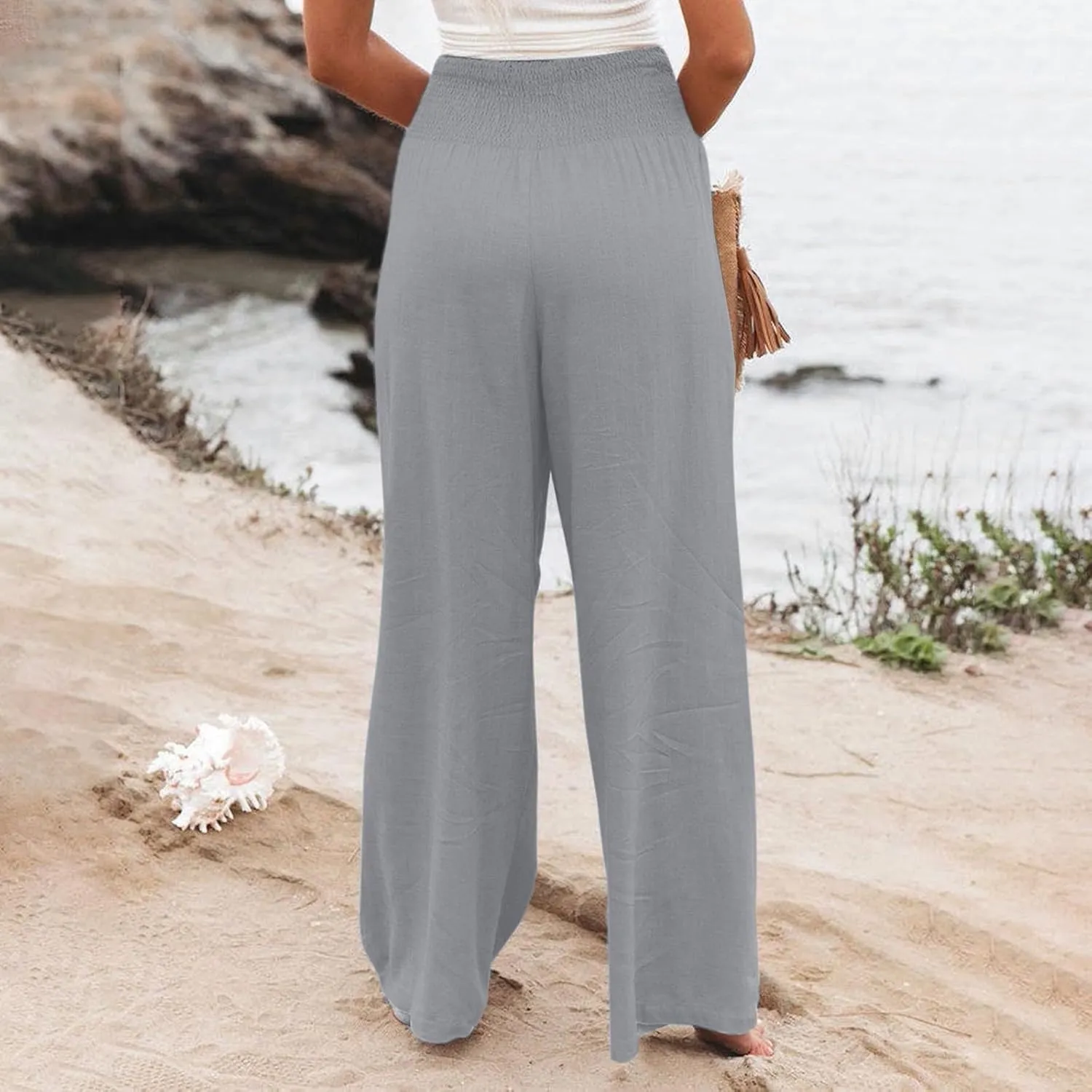 Women's Cotton Linen Wide Leg Pants Summer Smocked High Waisted Palazzo Trousers with Pockets Beach Cover Up