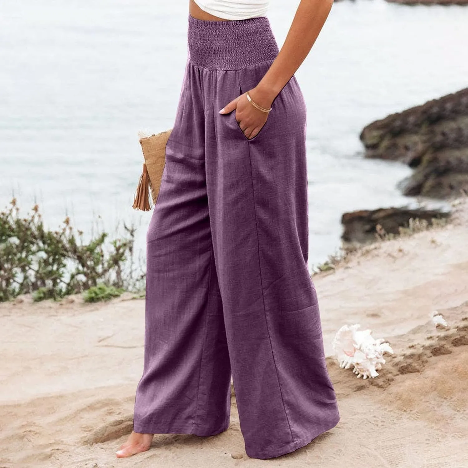 Women's Cotton Linen Wide Leg Pants Summer Smocked High Waisted Palazzo Trousers with Pockets Beach Cover Up