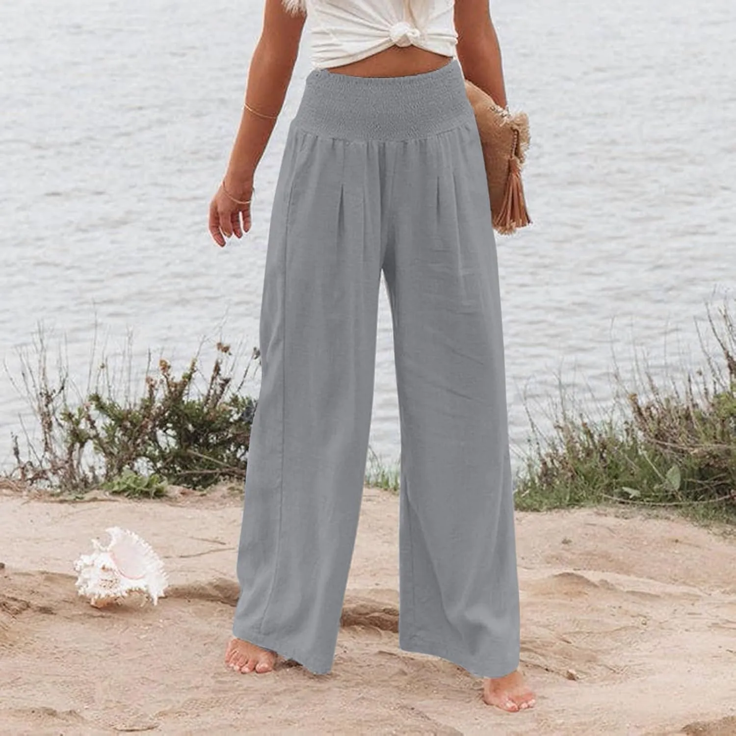 Women's Cotton Linen Wide Leg Pants Summer Smocked High Waisted Palazzo Trousers with Pockets Beach Cover Up