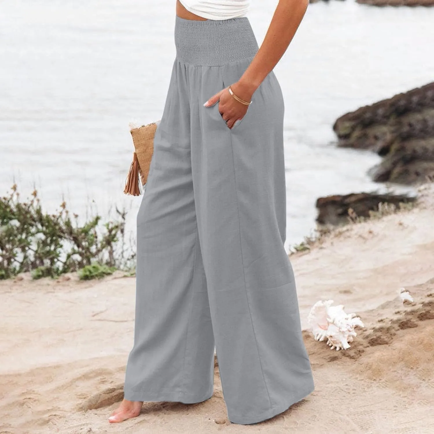 Women's Cotton Linen Wide Leg Pants Summer Smocked High Waisted Palazzo Trousers with Pockets Beach Cover Up