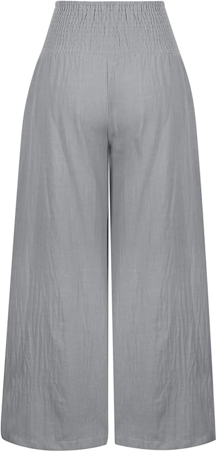 Women's Cotton Linen Wide Leg Pants Summer Smocked High Waisted Palazzo Trousers with Pockets Beach Cover Up