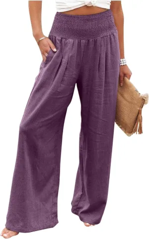 Women's Cotton Linen Wide Leg Pants Summer Smocked High Waisted Palazzo Trousers with Pockets Beach Cover Up