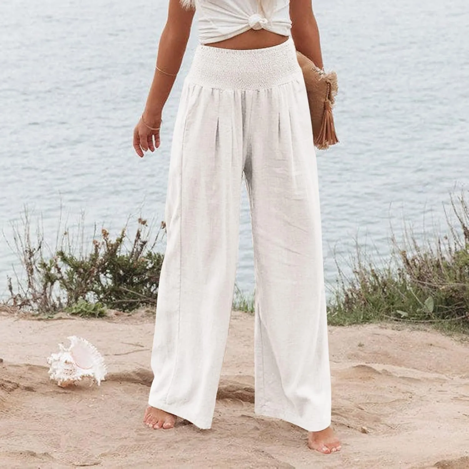 Women's Cotton Linen Wide Leg Pants Summer Smocked High Waisted Palazzo Trousers with Pockets Beach Cover Up
