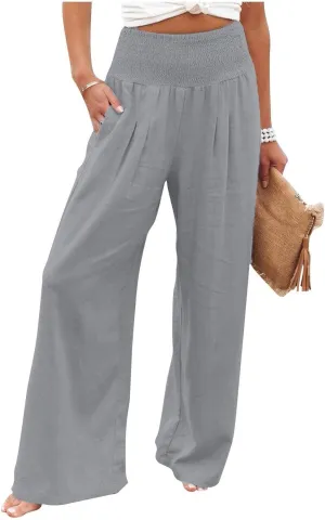 Women's Cotton Linen Wide Leg Pants Summer Smocked High Waisted Palazzo Trousers with Pockets Beach Cover Up
